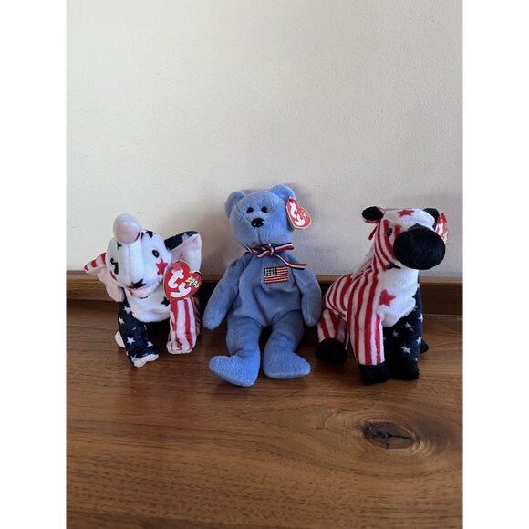 Ty Beanie Babies Lot Of 3: 2000 America Bear Stars & Stripes Elephant Donkey USA - Picture 2 of 7